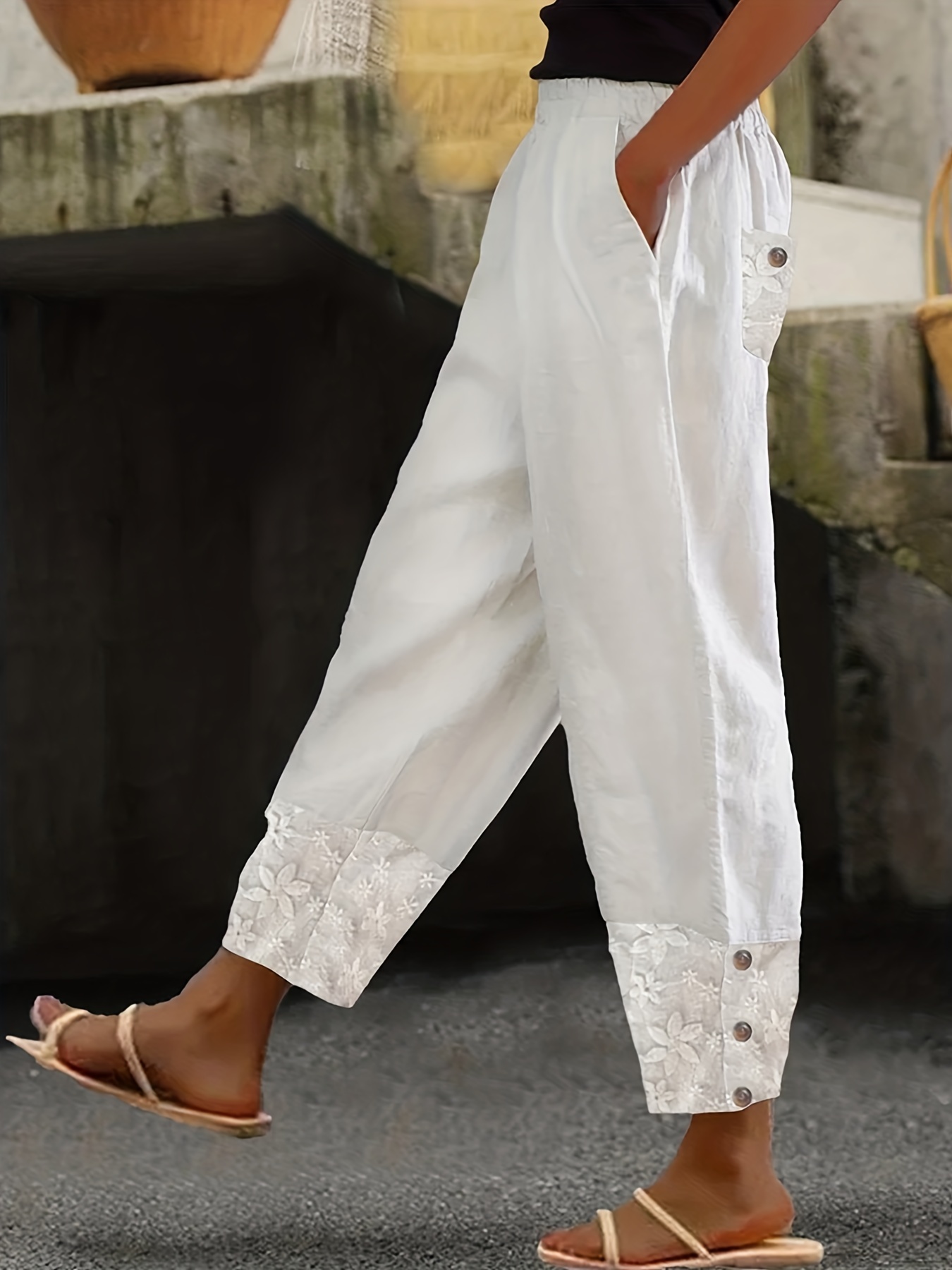 Women Casual Loose Cotton Linen Pants with Pocket Lady Spring Fall High  Waist Wide Leg Trousers Solid Color Shirred Pants Outfit