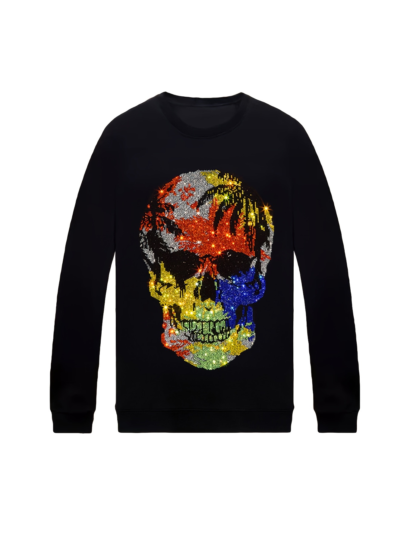 Men's Stylish Rhinestone Skull Print Sweatshirt Casual Crew - Temu