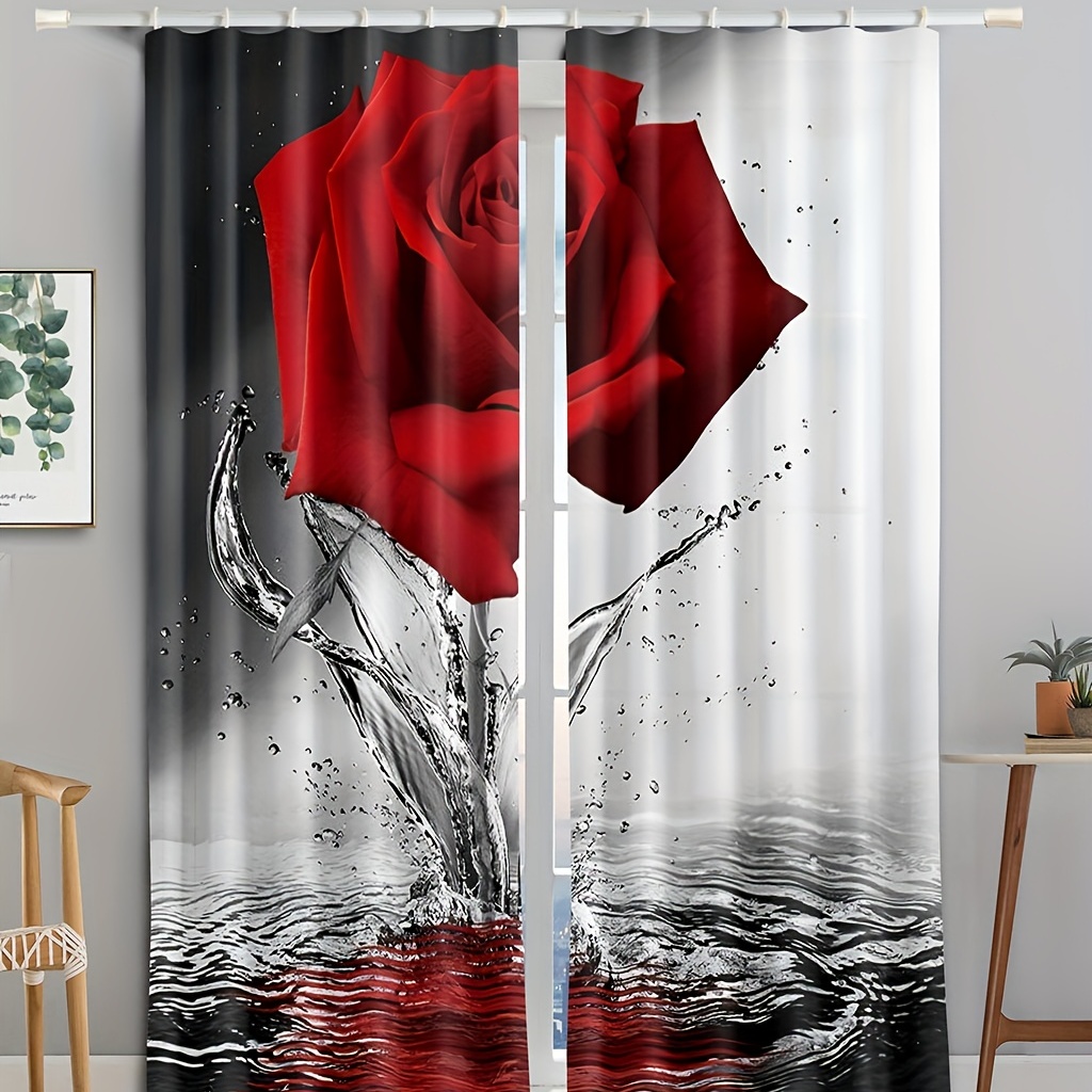 Red Rose Printing Curtain, Window Treatment For Bedroom Office ...