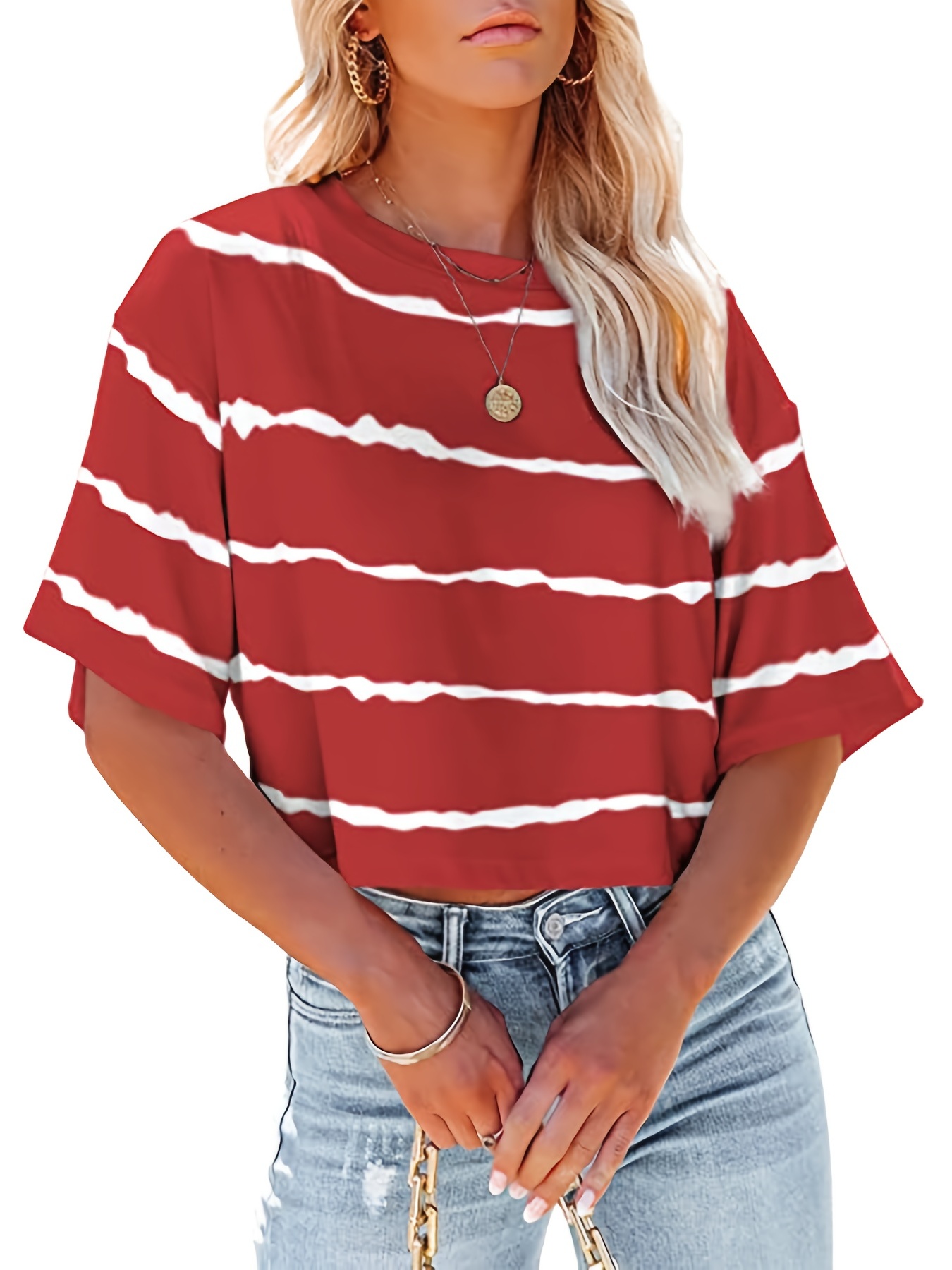 Short T-shirt - Red/white striped - Ladies