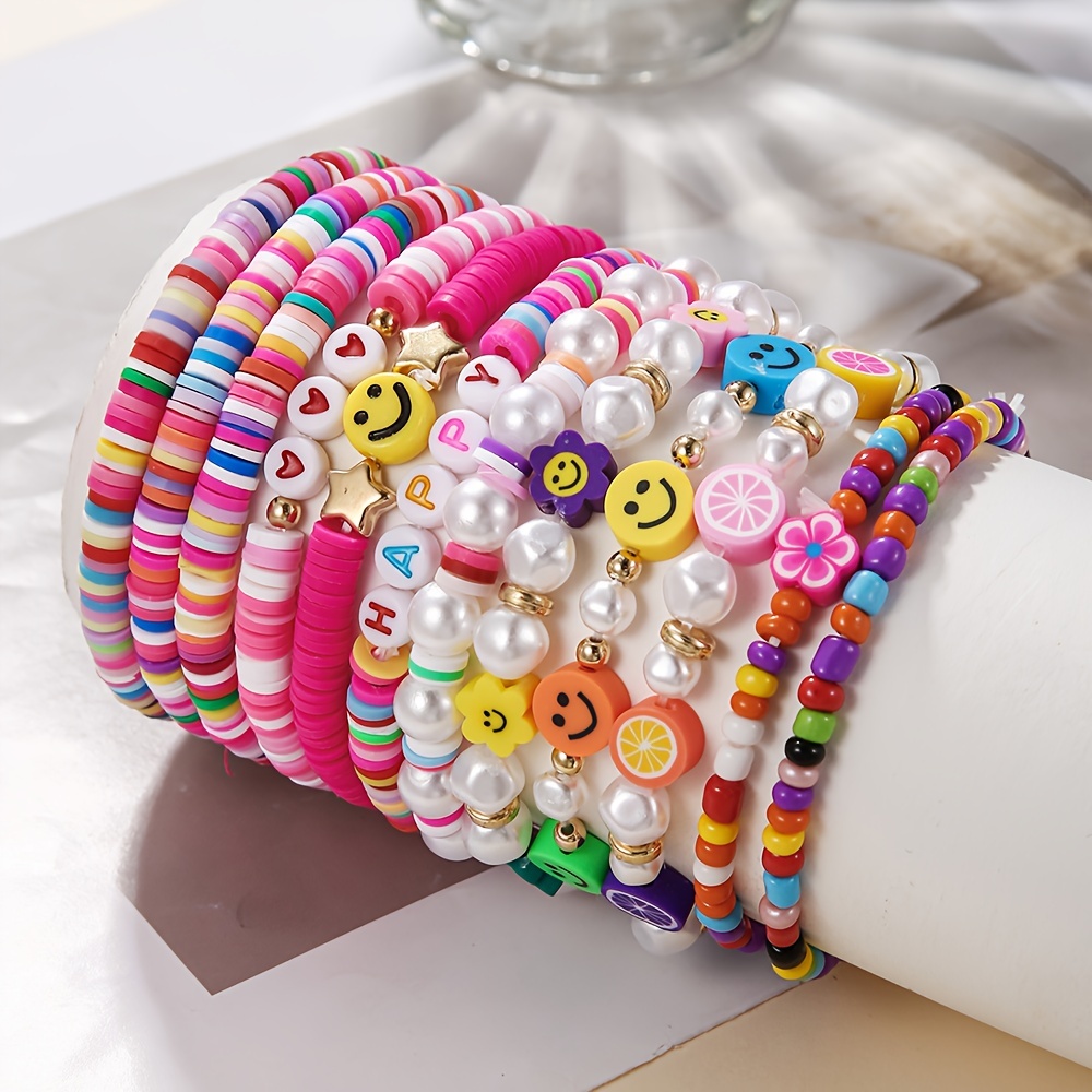4pcs/set Girls Bracelets Fashionable Cute Rainbow-colored Polymer Clay  Beaded Bracelets BFF Letters Decor Jewelry Set For Girls, Gifts For Friends