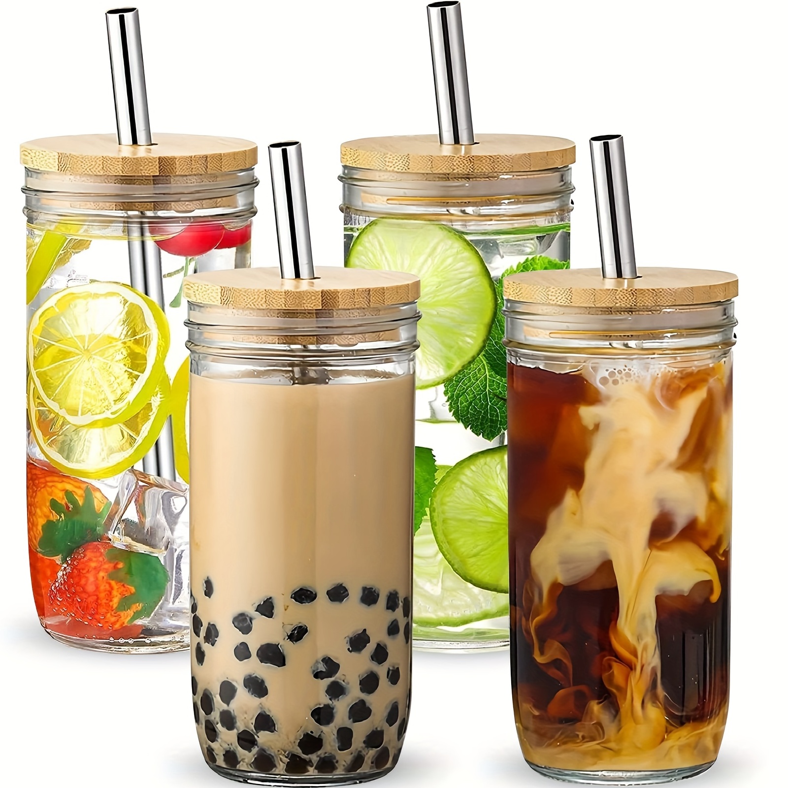 6 Pack Glass Cups Set - Glass Cups with Bamboo Lids and Glass Straw - Cute Boba Drinking Glasses, Reusable Travel Tumbler Bottle for Iced Coffee