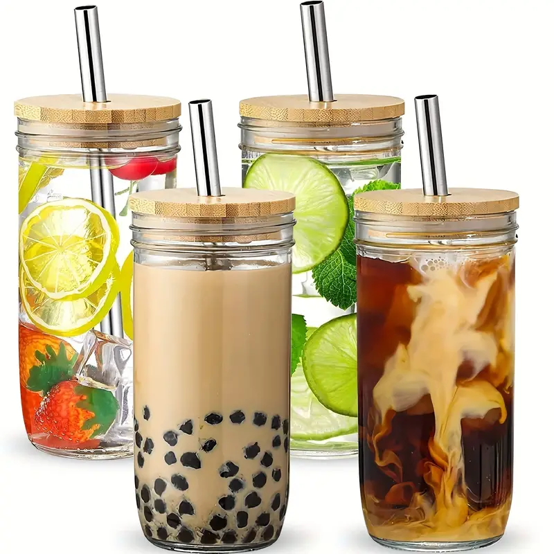 Glass Cups Set, Wide Mouth Mason Jar Glass Cups With Bamboo Lids
