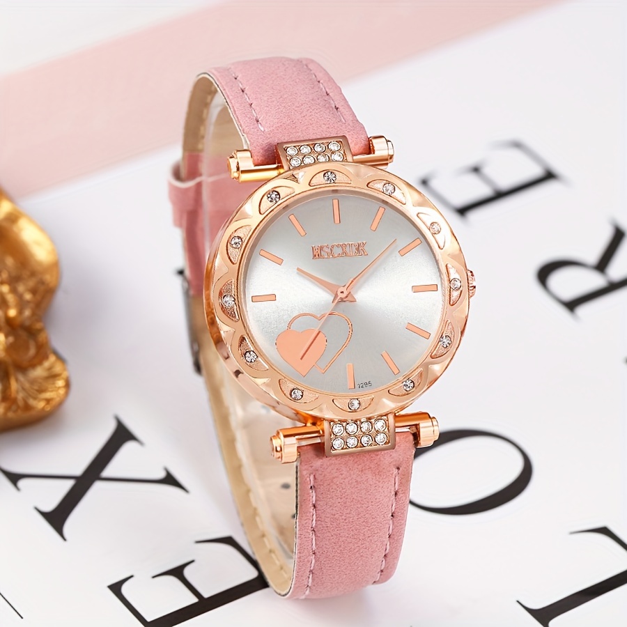 6つセットのピンクのハート型の輝石入りクォーツ腕時計アナログPUレザー腕時計＆蝶のジュエリーセット 女性へのギフト - Temu Japan