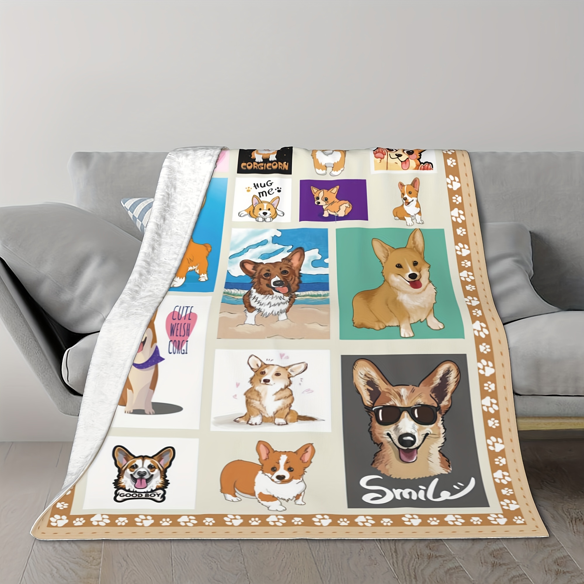  Corgi Dog Print Throw Blanket Cartoon Puppy Fleece