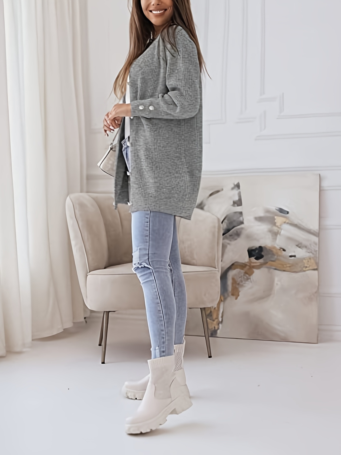 Women's Solid V-neck Cardigan, Casual Long Sleeve Cardigan For ...