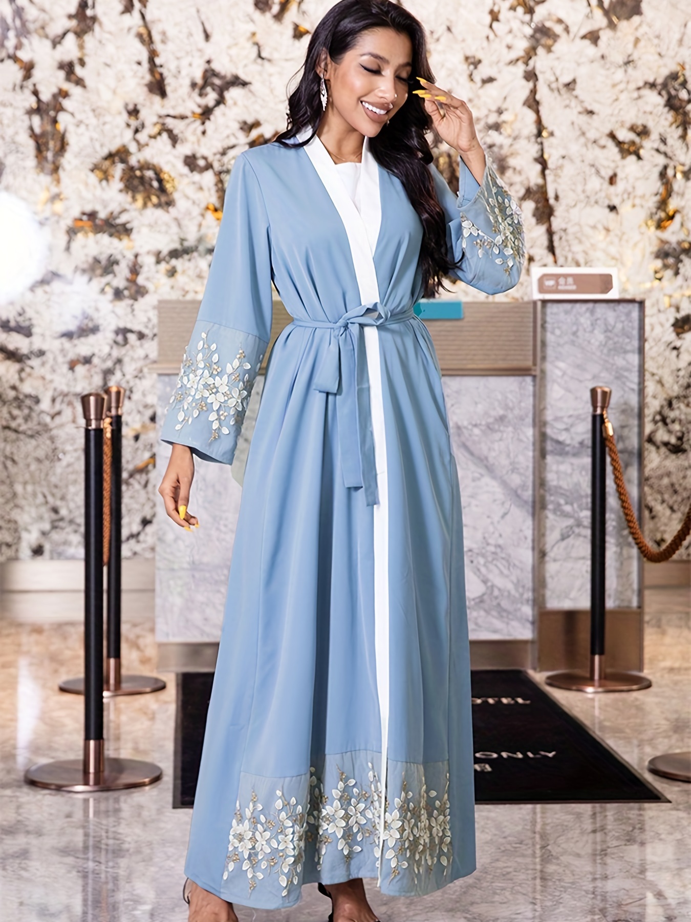 ramadan floral pattern kaftan dress elegant open front long sleeve maxi dress womens clothing