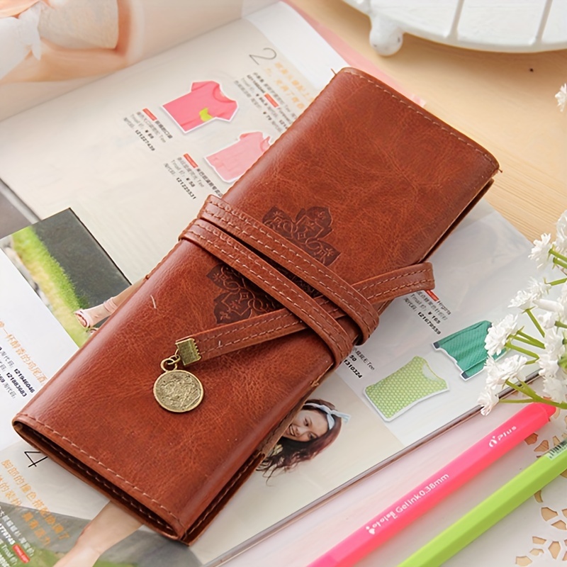 Handmade Cowhide Leather Pen Pouch Vintage Roll-up Pencil Case Bag Pen  Curtain