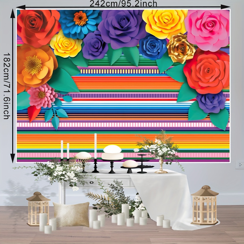 Mexican Theme Party Striped Backdrop Fiesta Cinco De Mayo Paper Flowers  Background Party Decoration for Cake Table Decor Photo Booth 