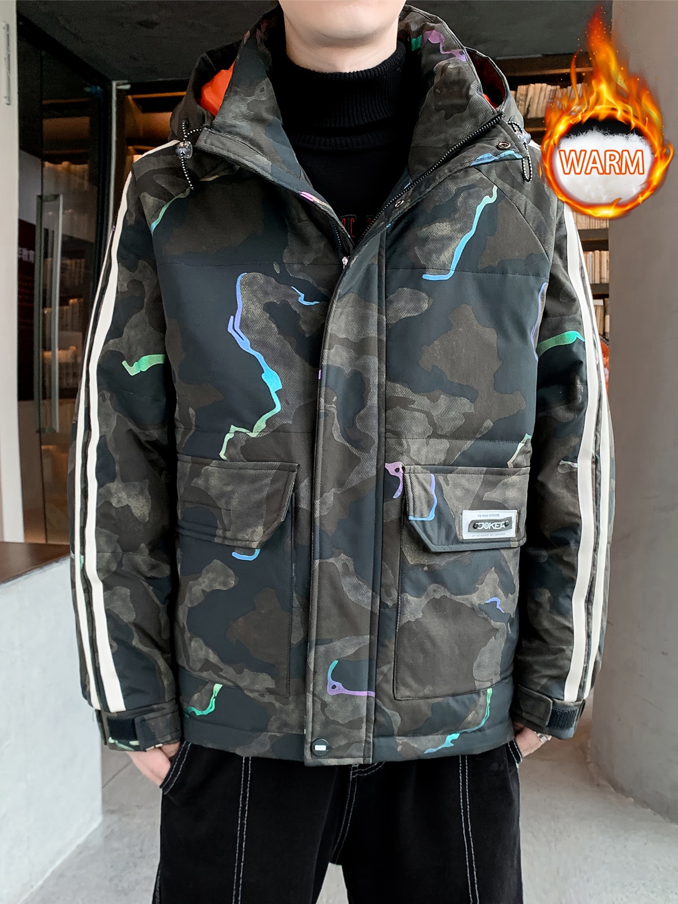 Men's Casual Mountain Print Hooded Warm Thick Jacket Chic - Temu Canada