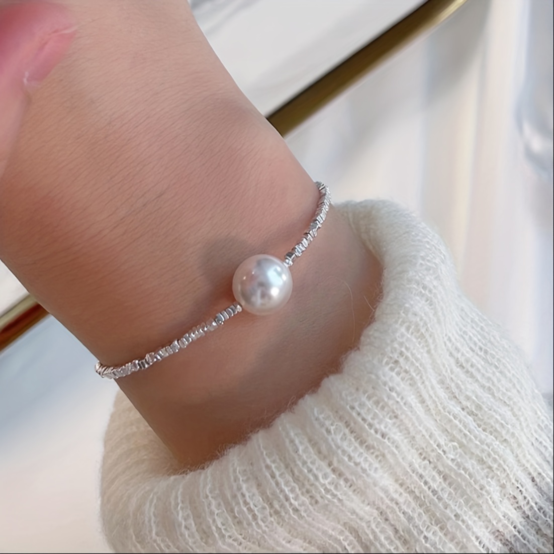 Electroplated Broken Silvery Pearl Bracelet, Irregular Cut Design