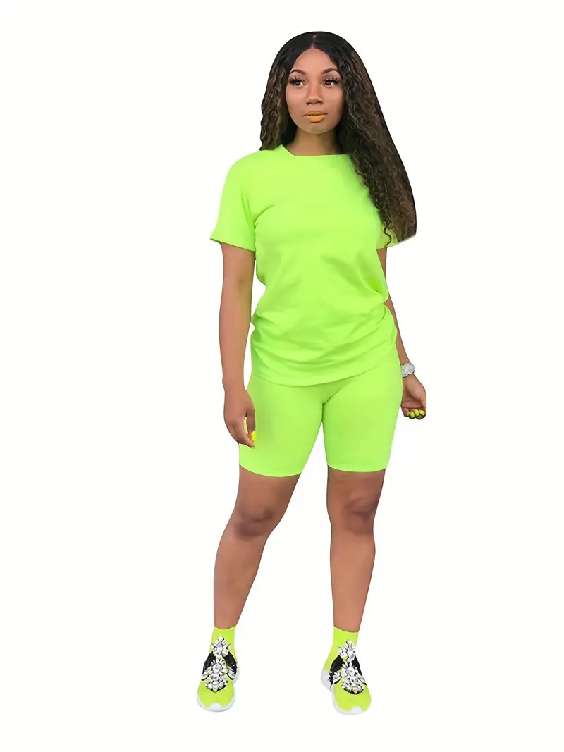 Solid Matching Two-piece Set, Casual Short Sleeve T-shirt & Biker Shorts  Outfits, Women's Clothing