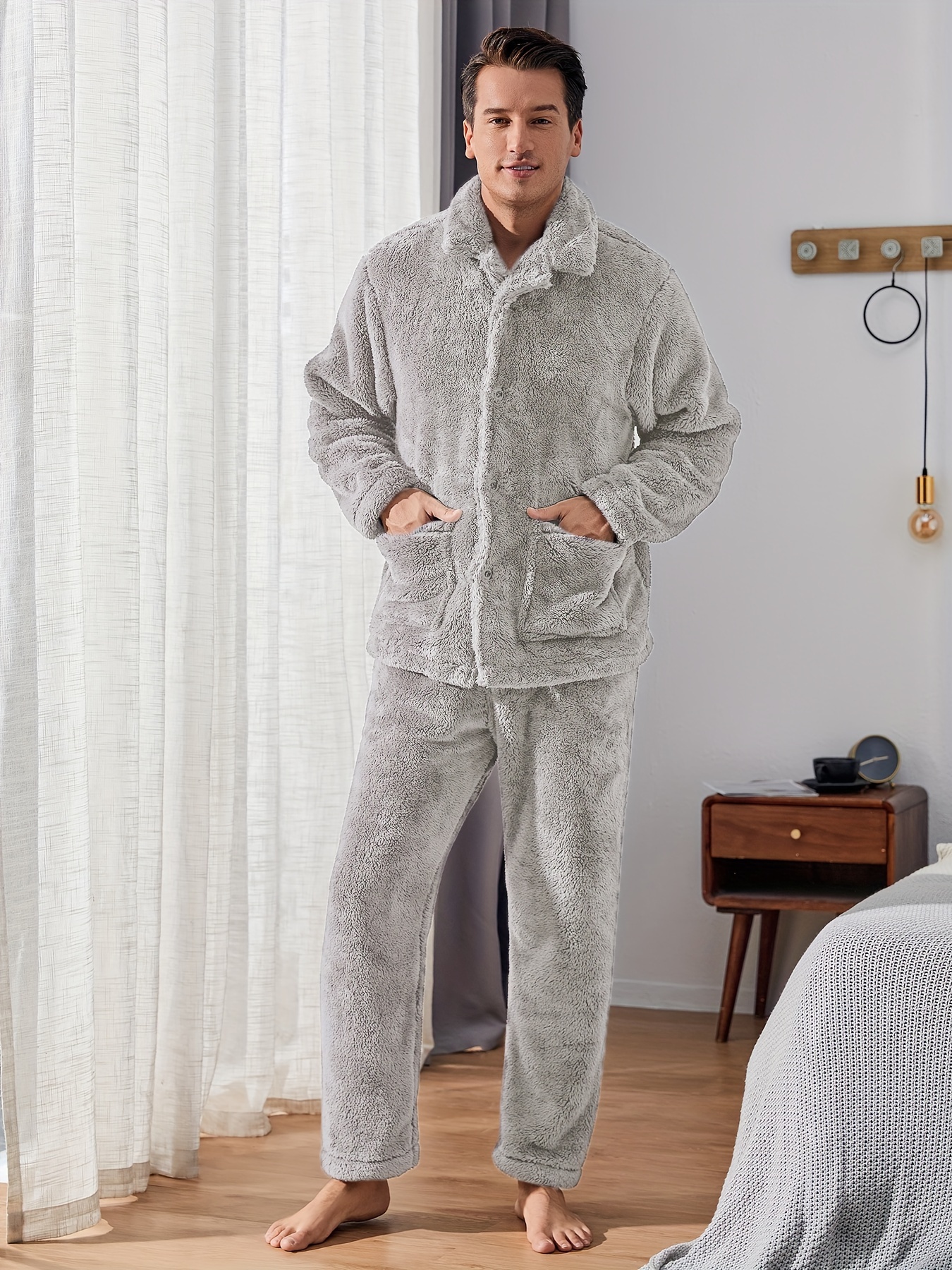 Men's Plush Warm Pajama Sets Soft Fluffy Flannel Sleepwear - Temu