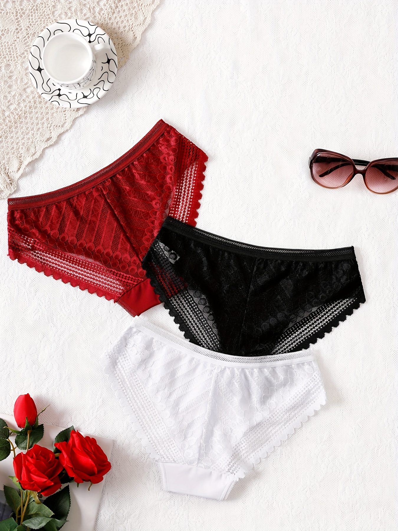  Women Sexy Lace Satin Silk Panties Underwear Mid Waist  Breathable Bikini Briefs Red Small