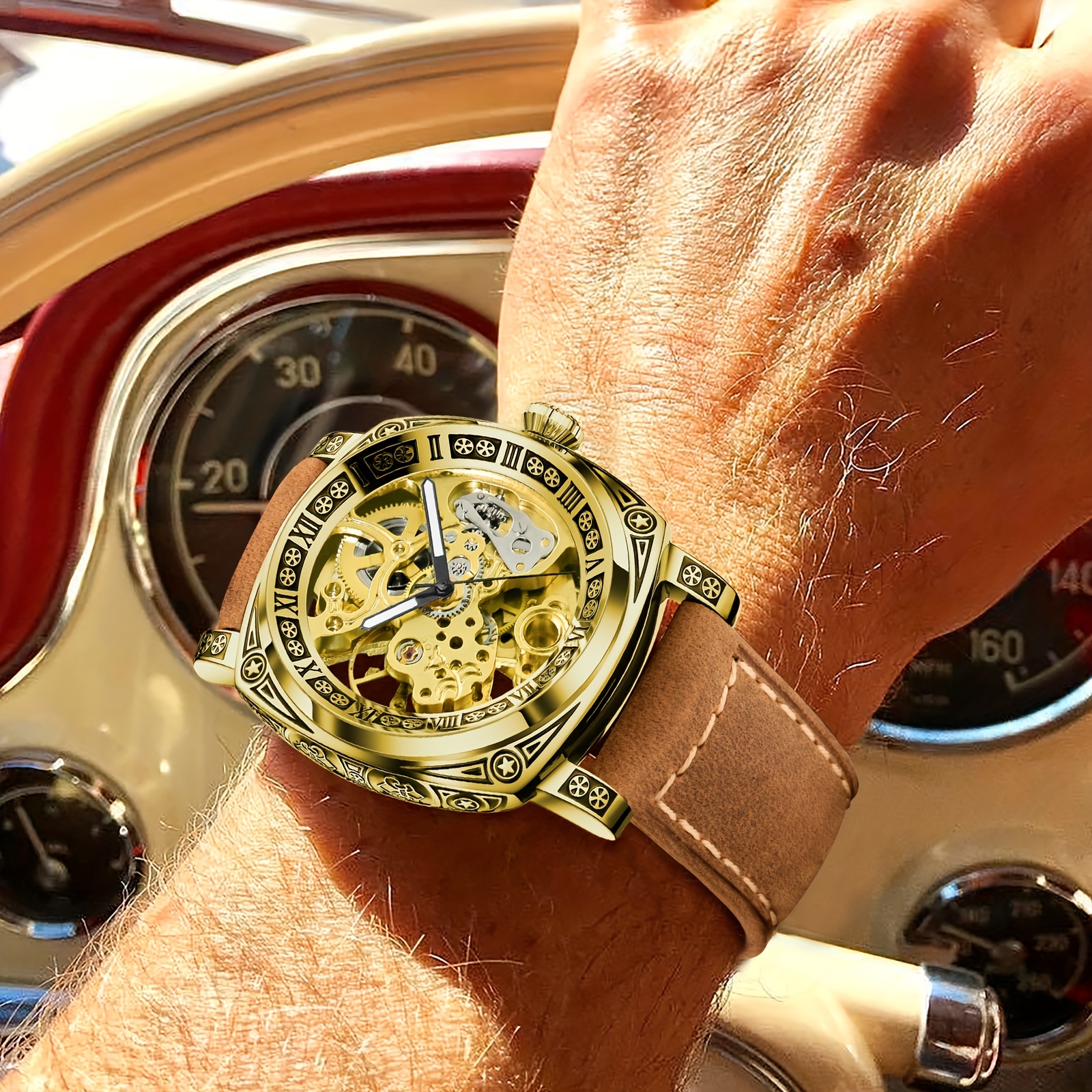 Men's Engraved Automatic Watch, Vintage Tattoo Case Hollow Waterproof Automatic Mechanical Watch With Steel Band