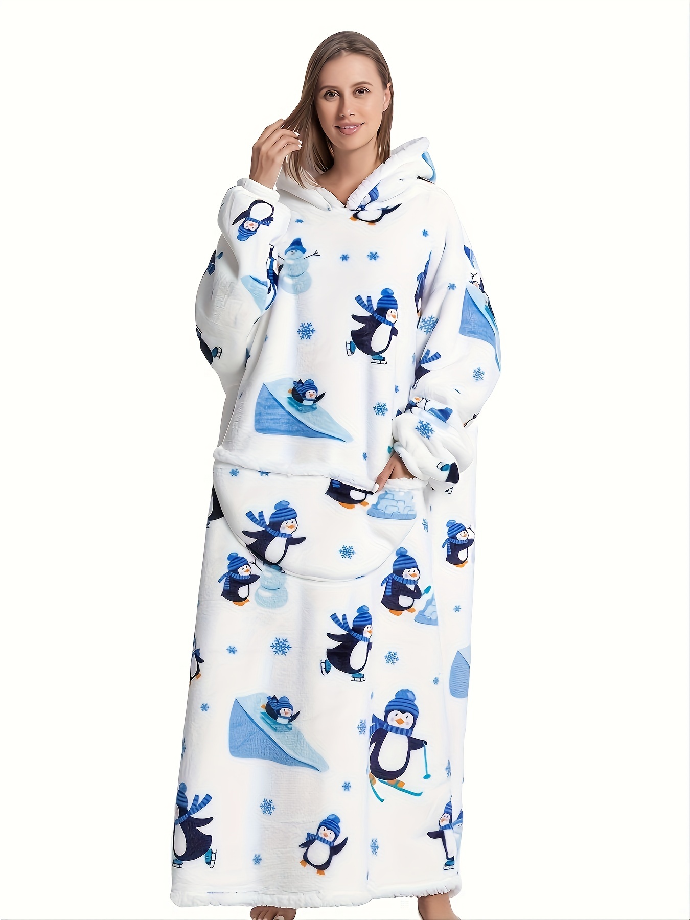 Women's Robes Penguin Hooded Robes Comfy Loungewear Cute Fleece Robe Short  Plush Bathrobe