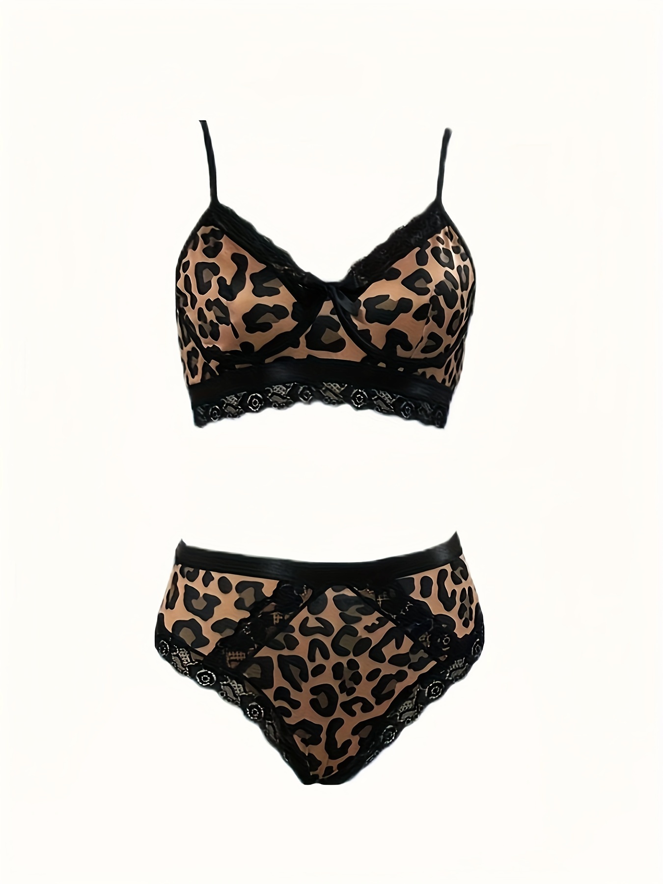 Leopard Print Bra & Panties, Bow Decor Push Up Bra & Lace Trim Panties  Lingerie Set, Women's Lingerie & Underwear