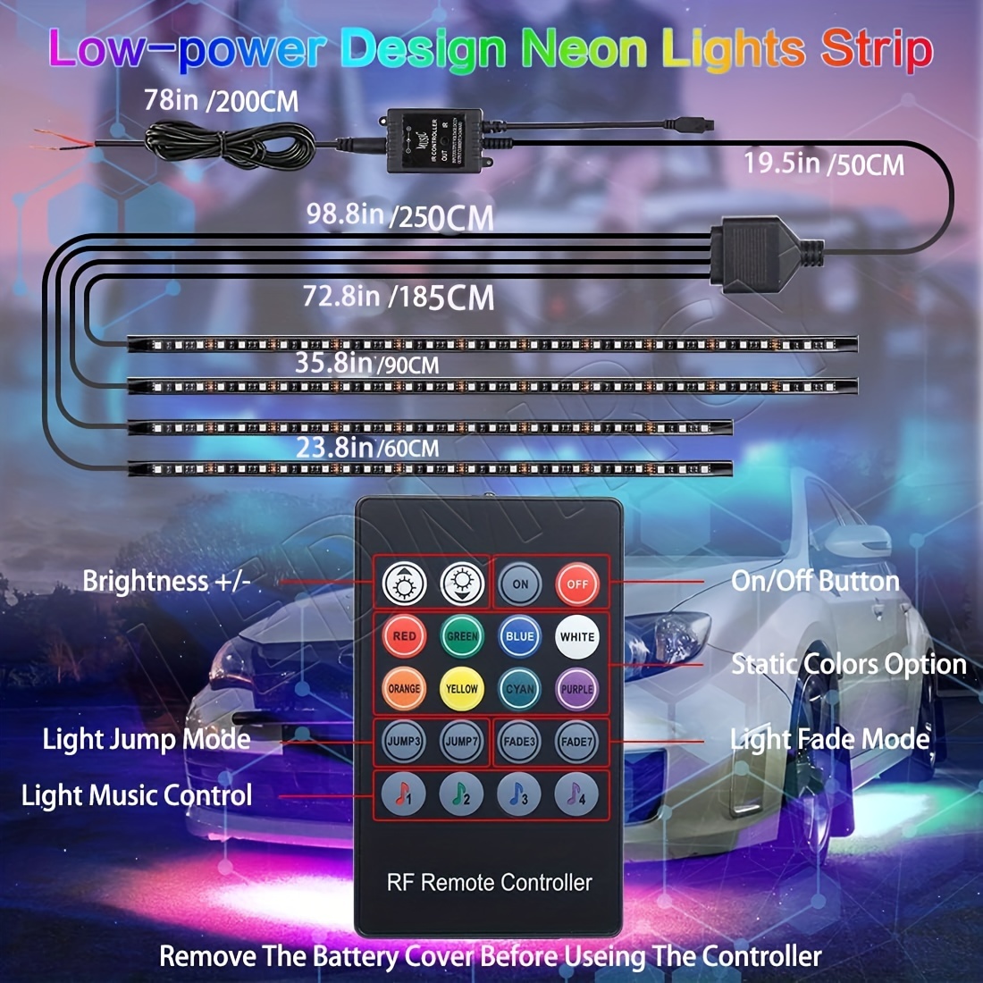 Style de voiture RGB LED bande atmosphère lampe sous tube de voiture sous  le châssis Underglow système de lueur de la lumière au néon à distance@90cm  : : Auto et Moto