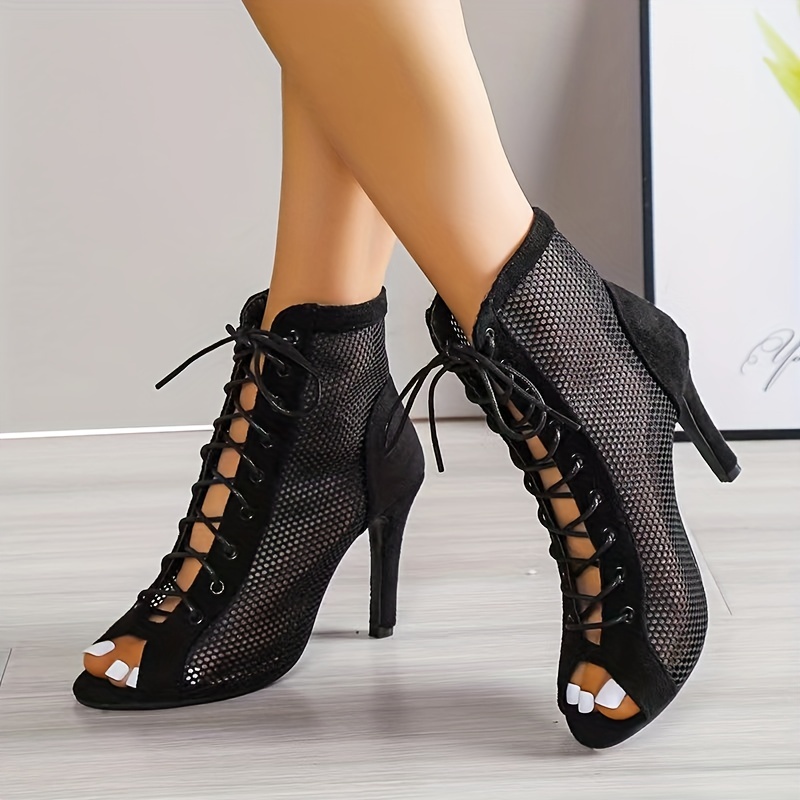 Women's Breathable Mesh Sandals, Stylish Cutout Design Stiletto Heels,  Fashion Peep Toe Lace Up Sandals