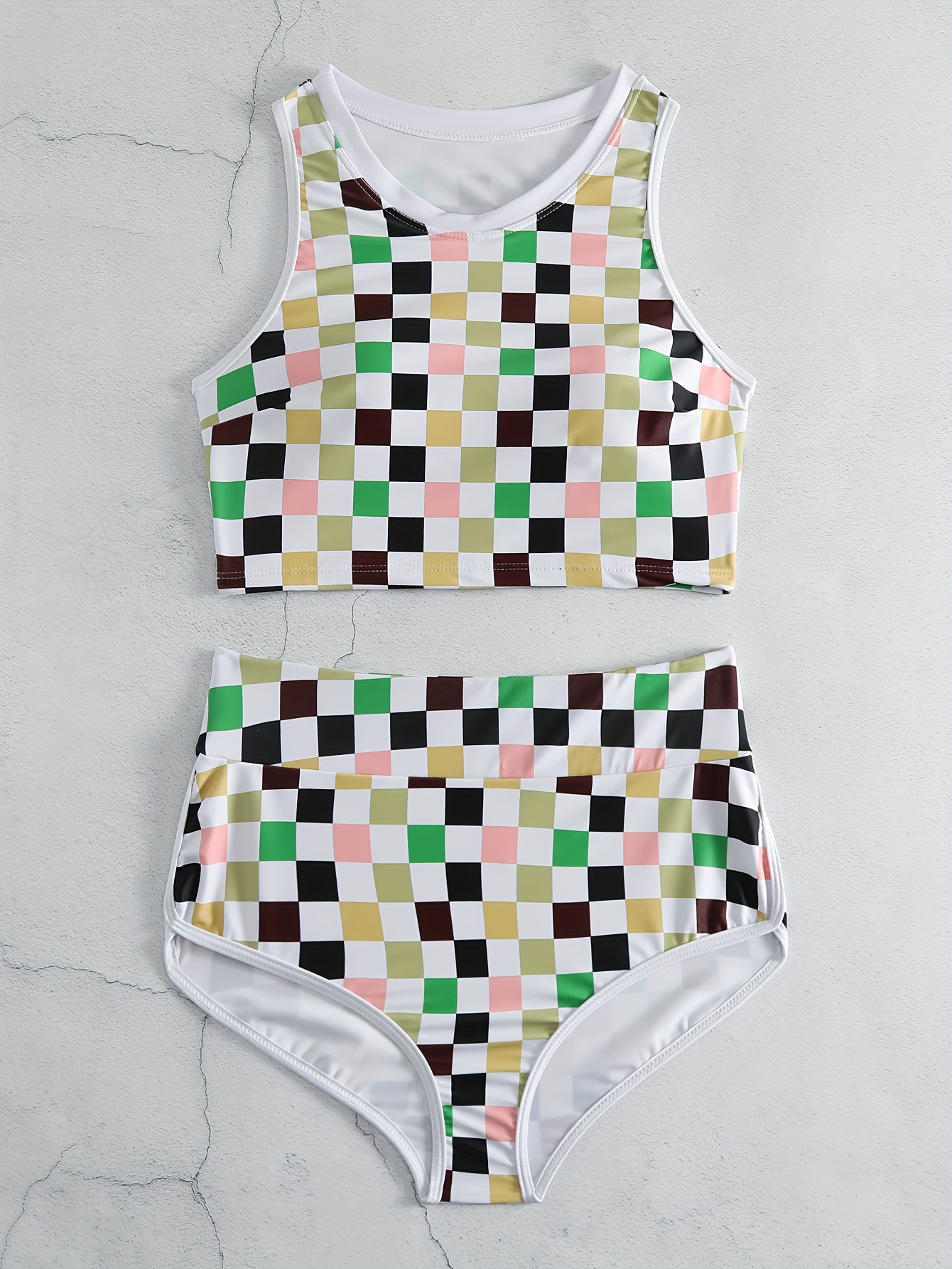 Black White Color Block Checkerboard Plaid Swimsuit Round - Temu