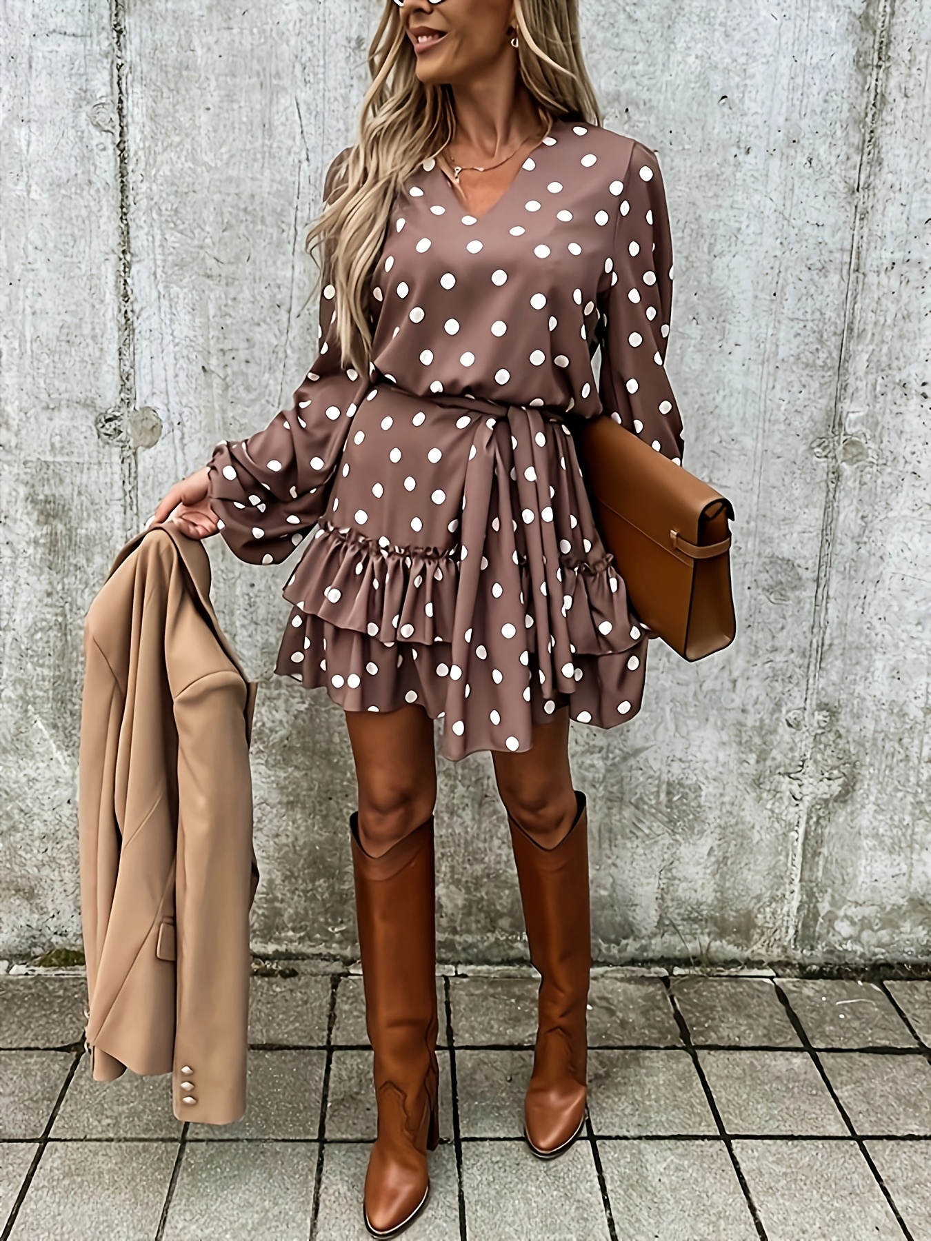 Polka Dot Print Dress, Casual Layered Ruffle Hem Lantern Sleeve