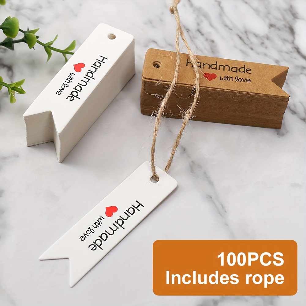 

100pcs Includes Rope Gift Tags With "thankyou Handmade" Letter, Kraft Tags Paper For Arts And Labeling Gifts Crafts Brown White Rectangle Craft Hang Tags With Letter Hand Made 7x2cm/2.75x0.78inch