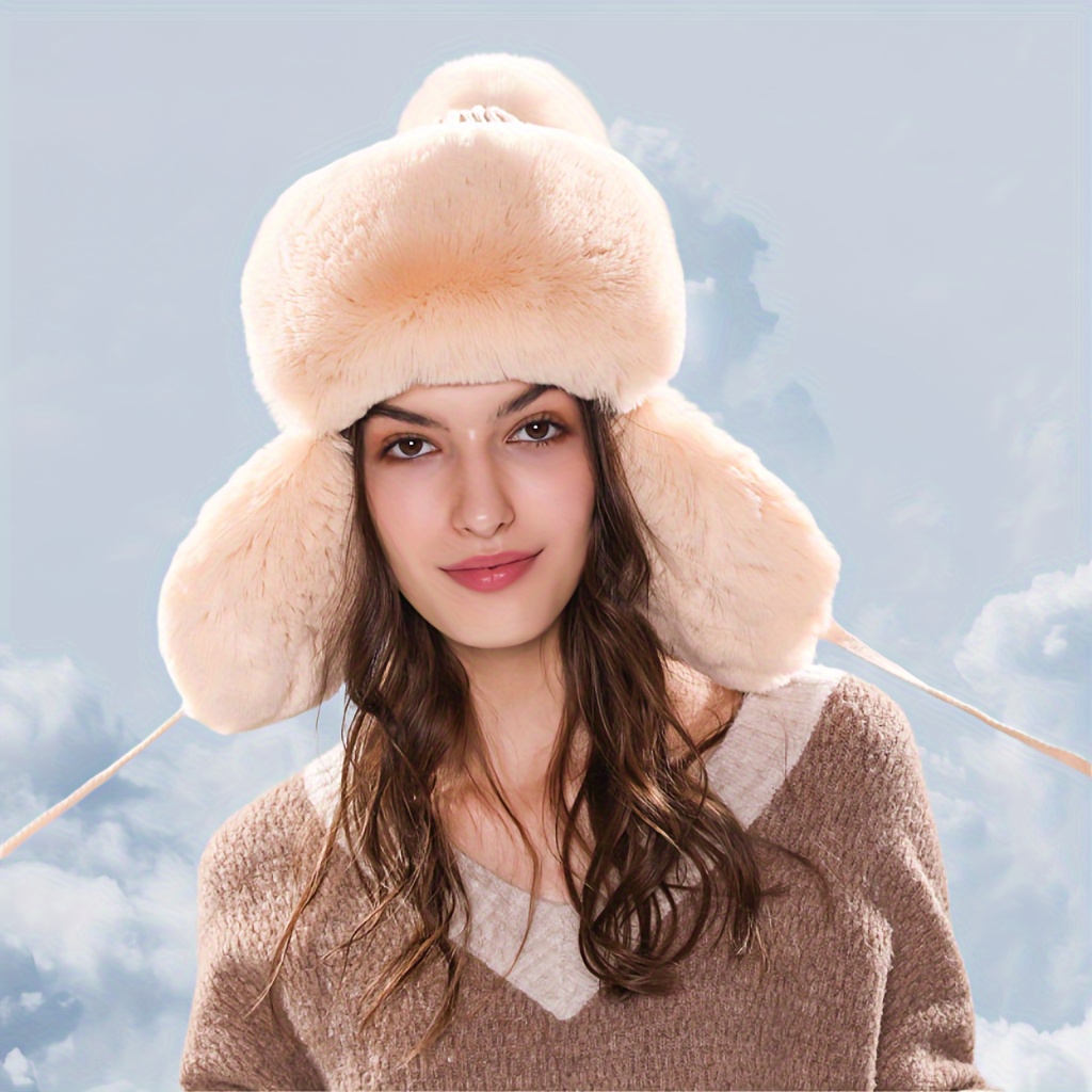 Large Faux Fur Plush Hat Ear Protection Knit Hats - Temu