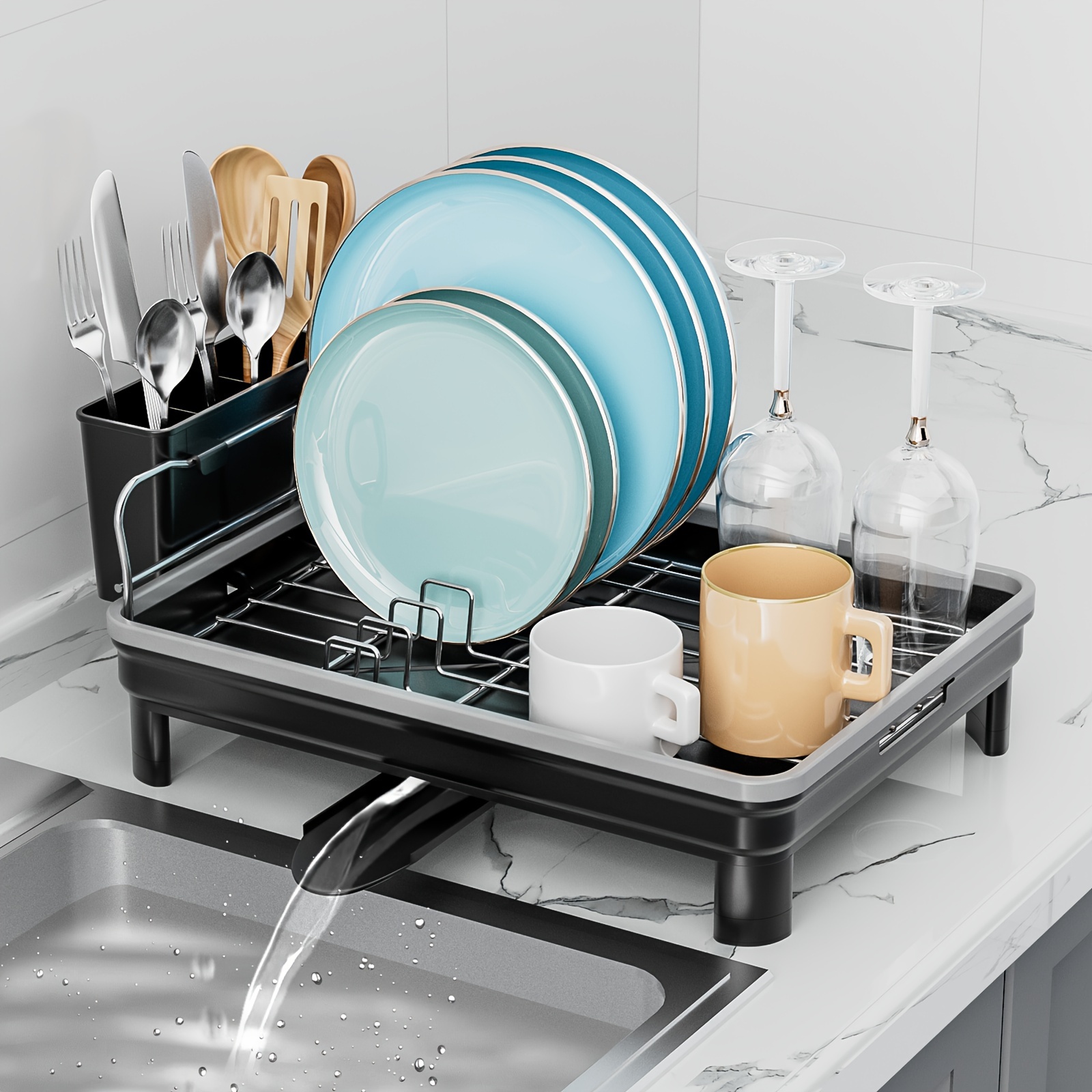1pc Dish Drying Rack With Utensil Holder And Drainboard , Space