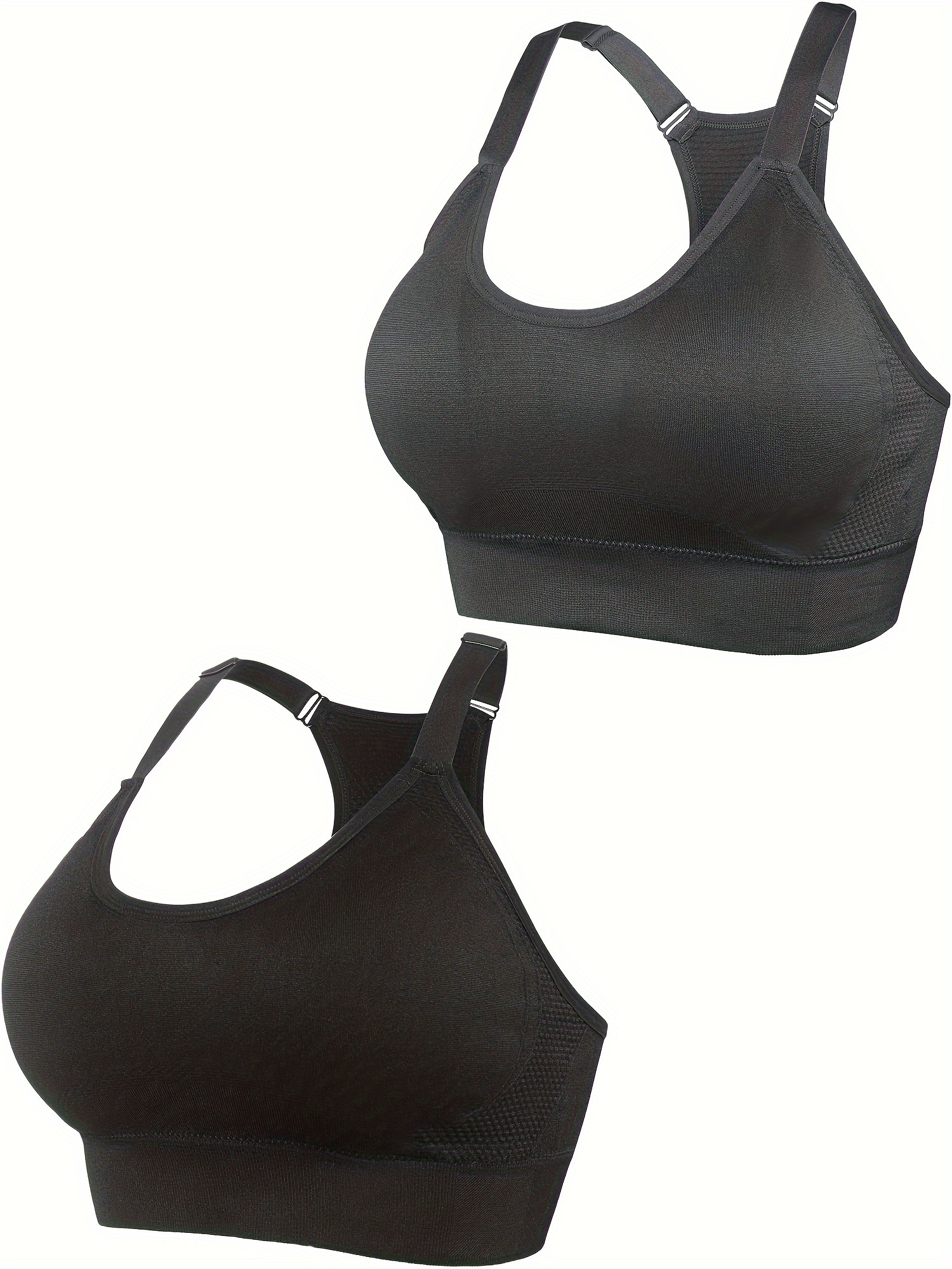 2 Pack Plus Size Sports Bra Set, Women's Plus Solid Wireless Racer Back  Lightweight Yoga Gym Bralette 2pcs Set