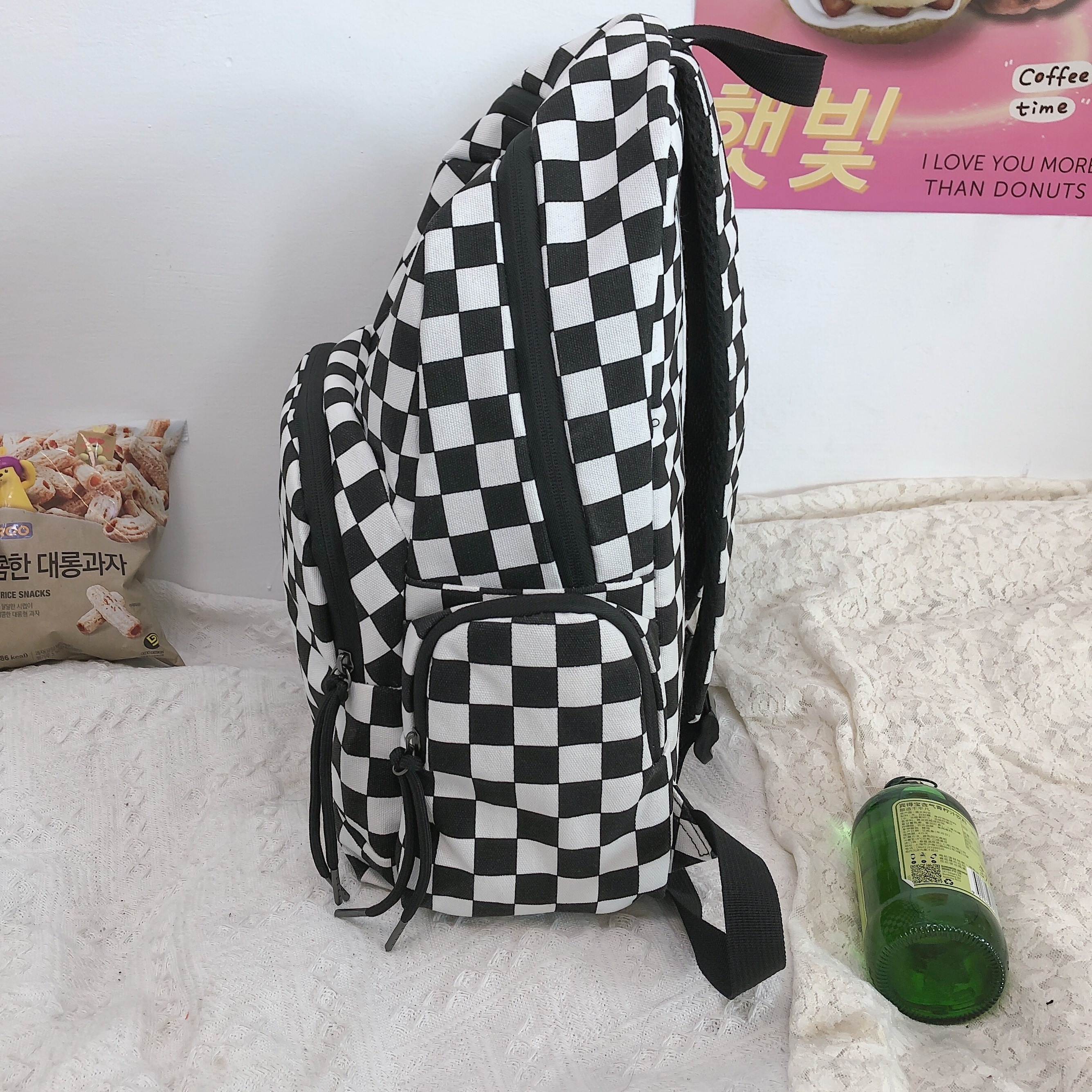 Checkered Student Backpack Preppy Style Bookbag Casual Travel Schoolbag