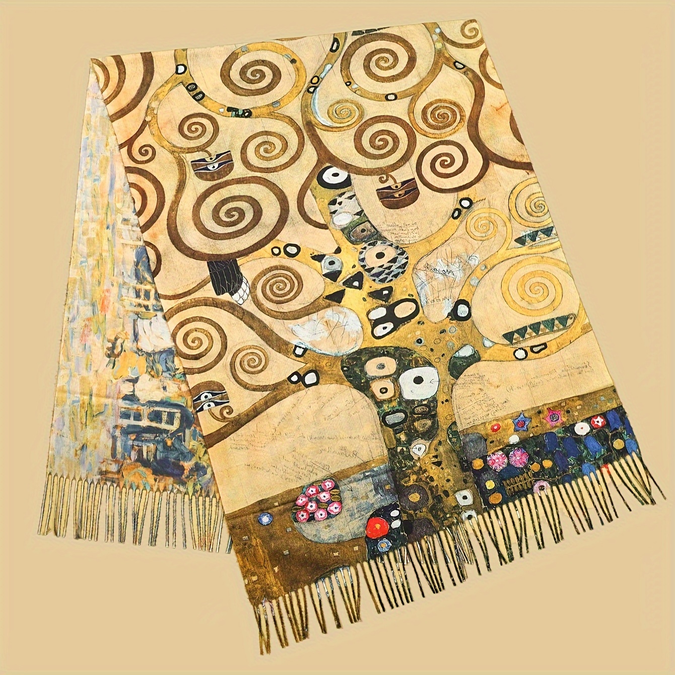 

Klimt Tree Of Life Pattern Scarf, Vintage Classic Art Printed Shawl With Tassel, Winter Soft Warm Imitation Cashmere Scarf For Women