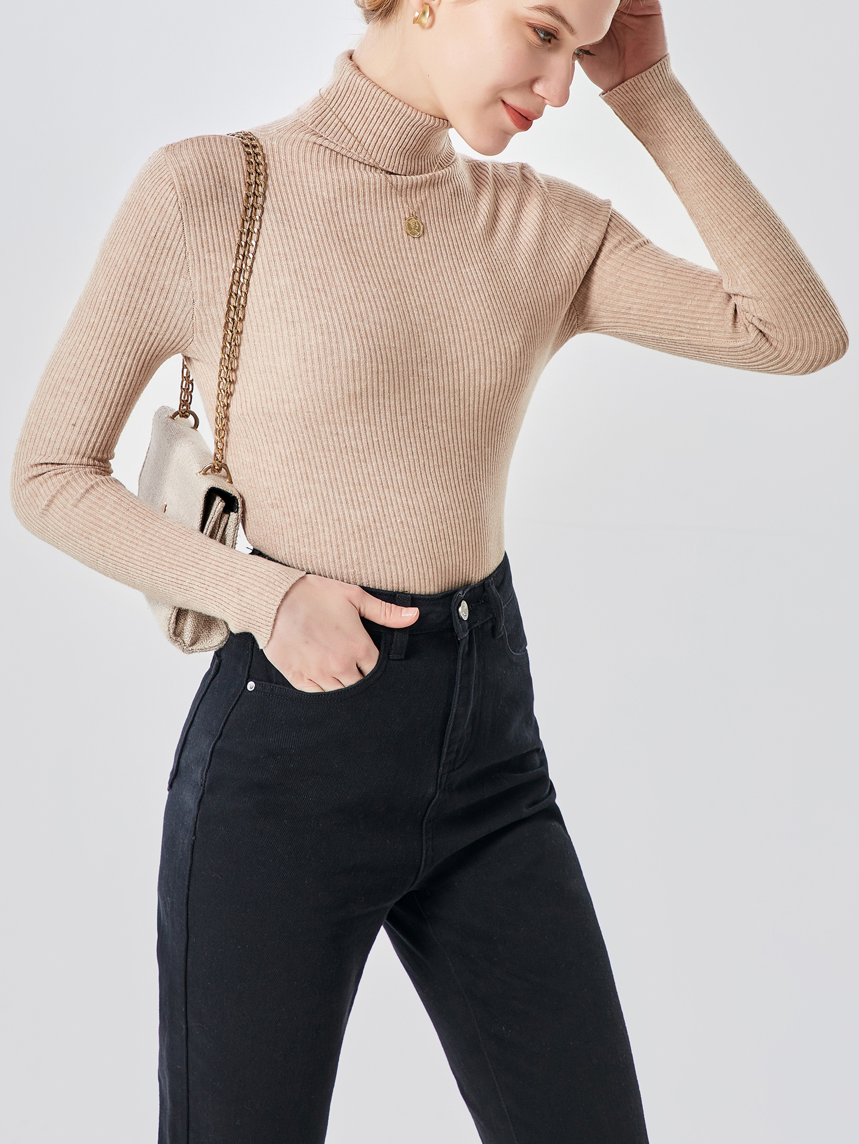Women's Sweater Turtleneck Solid Ribbed Long Sleeve Slim - Temu New Zealand