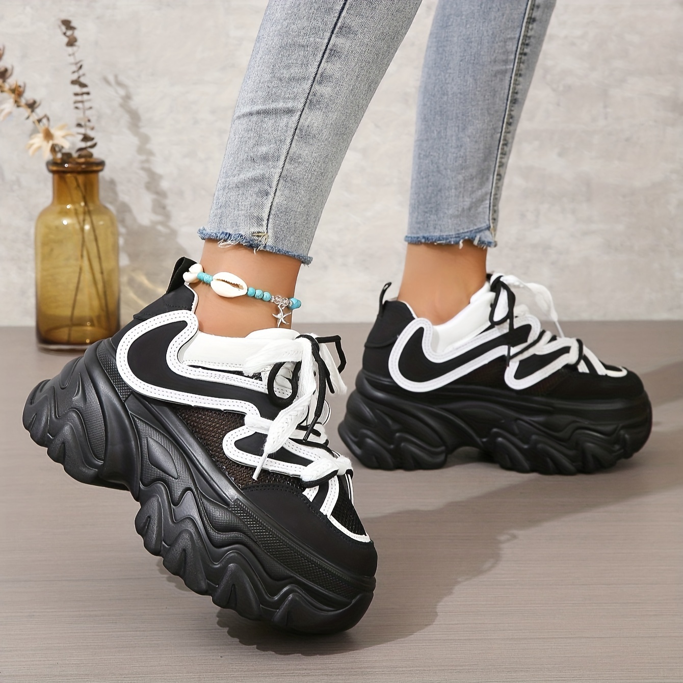 Women's Trendy Chunky Sneakers, Breathable Mesh Heightening Lace Up  Trainers, Fashion Low Top Platform Shoes