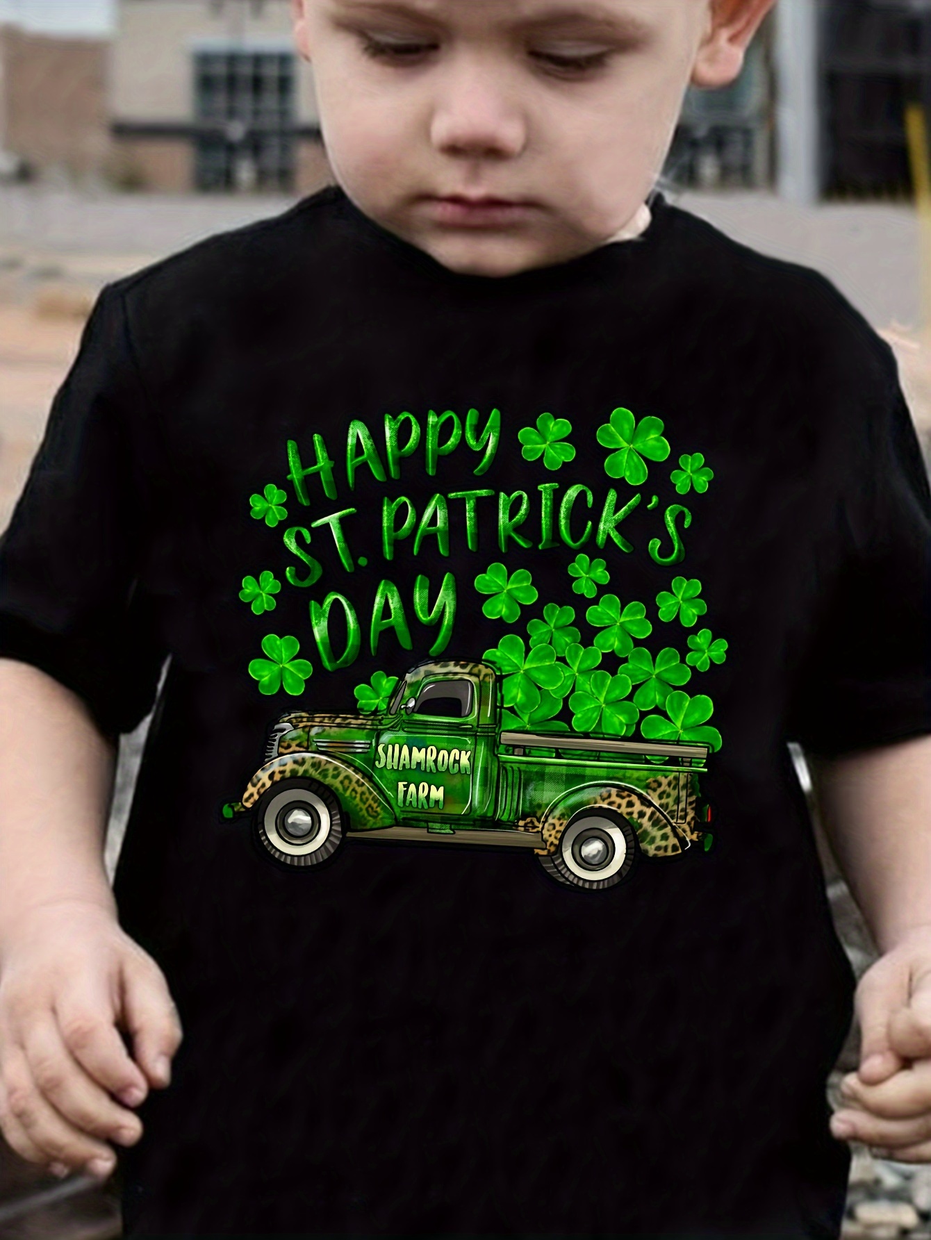 St. Patrick's Day Clover Truck Print Boy's T-shirt, Kids Casual Short  Sleeve Breathable Comfortable Summer Outdoor Top