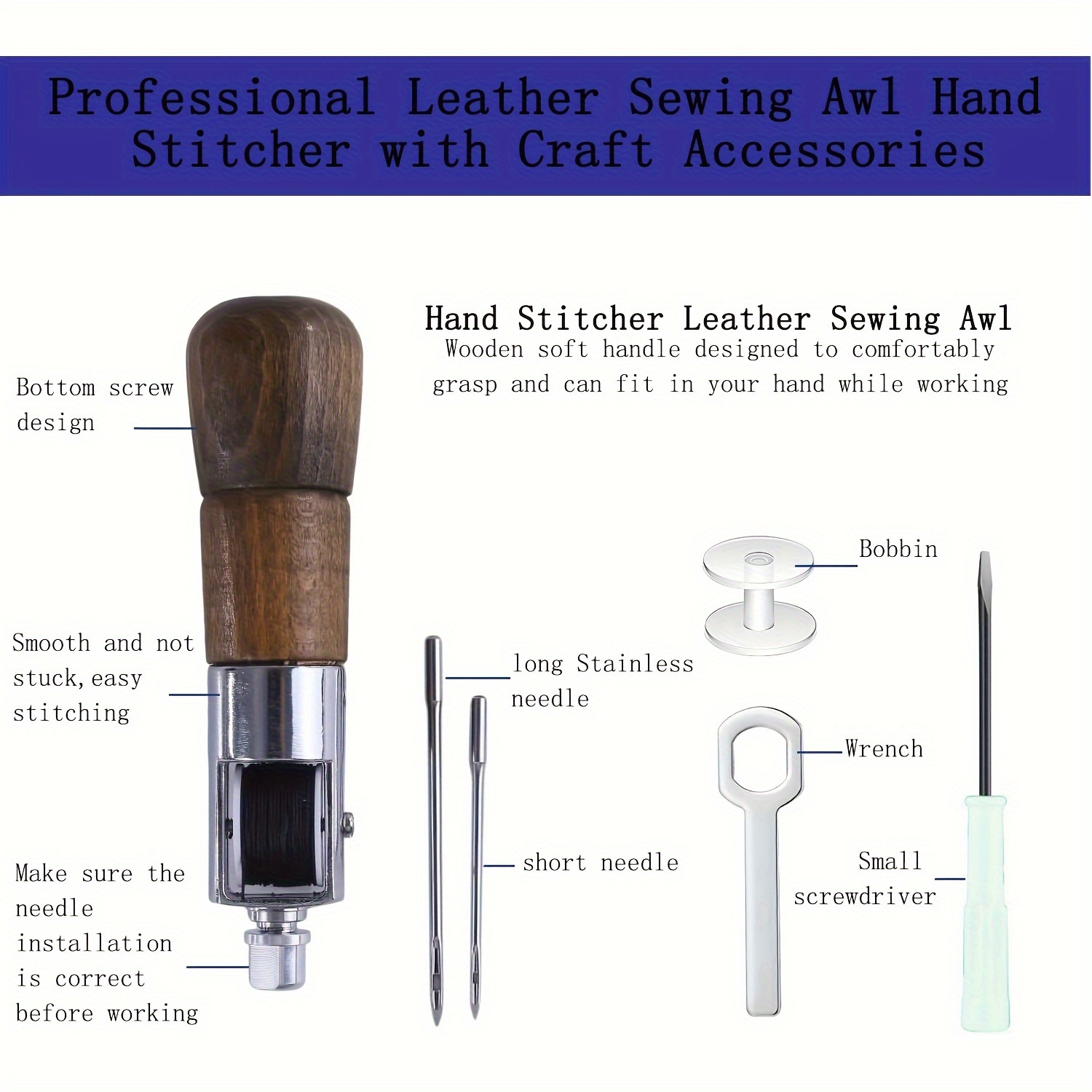 Leather Sewing Needles Stitching Awl Needle Set Thread Thimble Shoe Repair  Tool