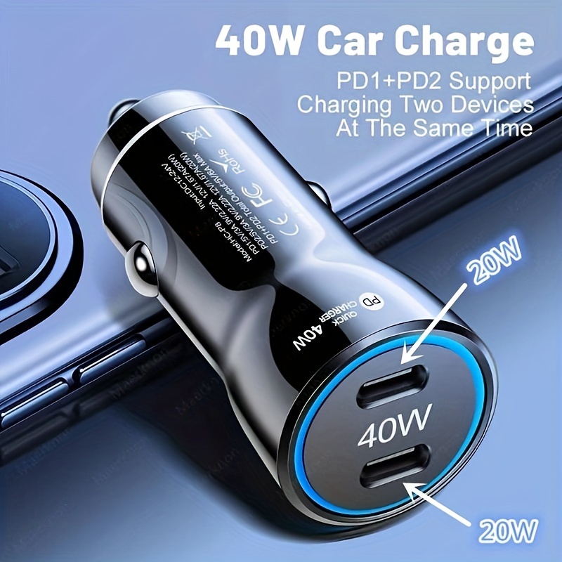 Cargador de coche para iPhone 15, cargador de automóvil USB C de doble  puerto de 40 W, carga rápida con 2 cables USB C a C de 6 pies, adaptador de