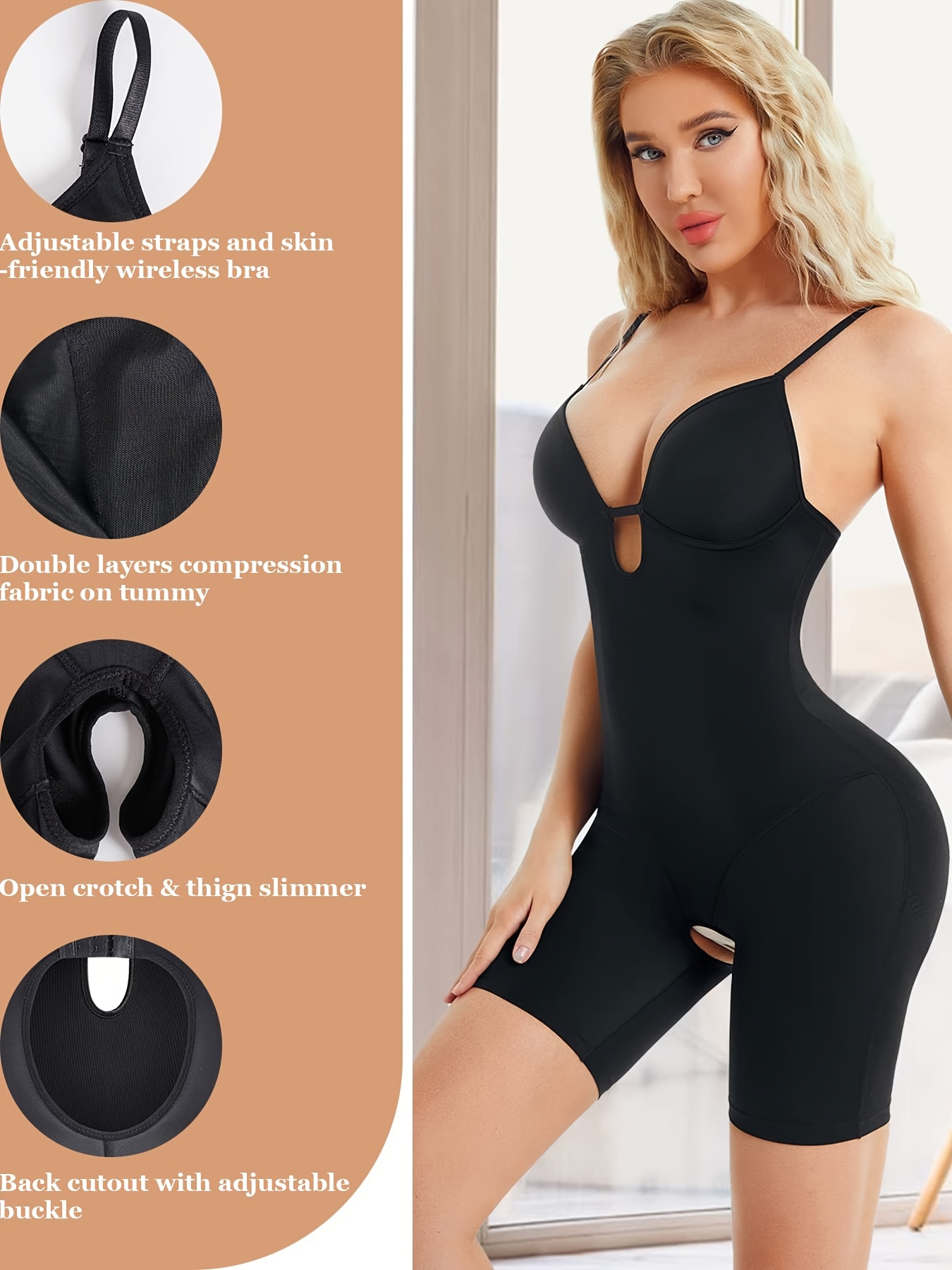 Women's Body Shaping Bodysuit with Open Crotch and Butt Lifting Straps