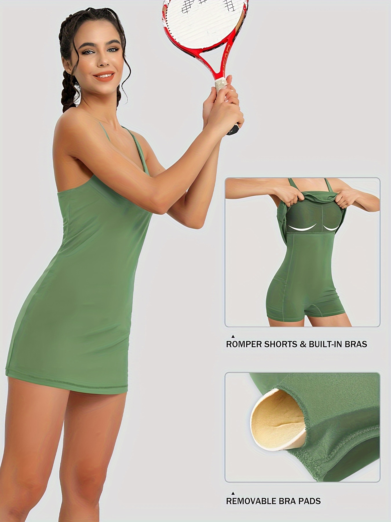 Dresses For Women 2023 Women Workout Tennis Dress With Built In Bra Shorts  Shoulder Straps And Pockets Green 