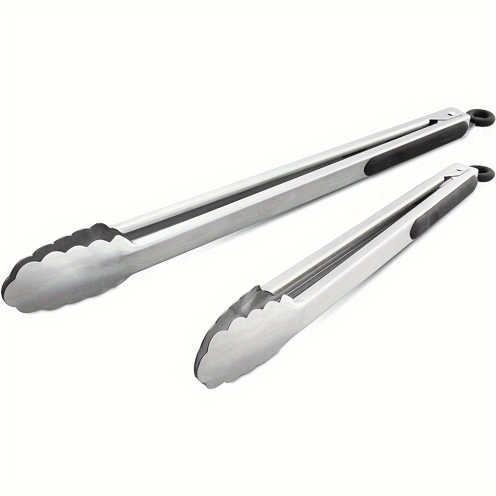 304 Stainless Steel Kitchen Cooking Tongs, 9 and 12 Set of 2 Sturdy  Grilling Barbeque Brushed Locking Food Tongs with Ergonomic Grip, Black