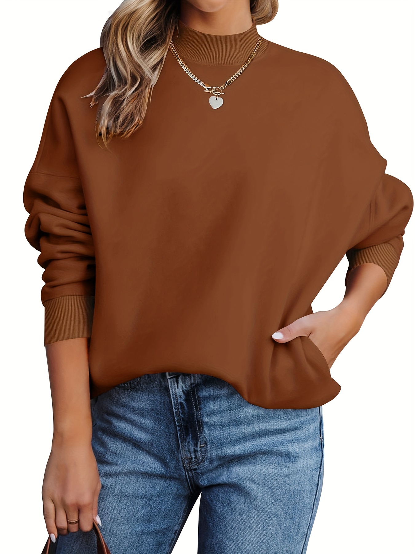 Solid Stand Collar Pullover Sweatshirt Casual Long Sleeve - Temu