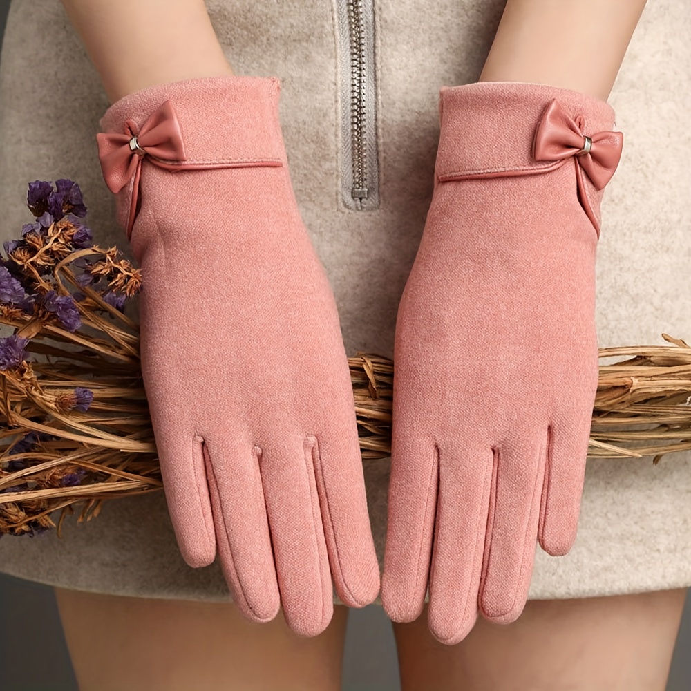 

Winter Plus Velvet Warm Gloves Stylish Elegant Bow Decoration Touch Screen Gloves Short Solid Color Elastic Female Gloves