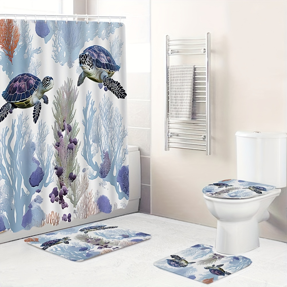 Coral Sea Turtle Printed Shower Curtain Set Decorative - Temu