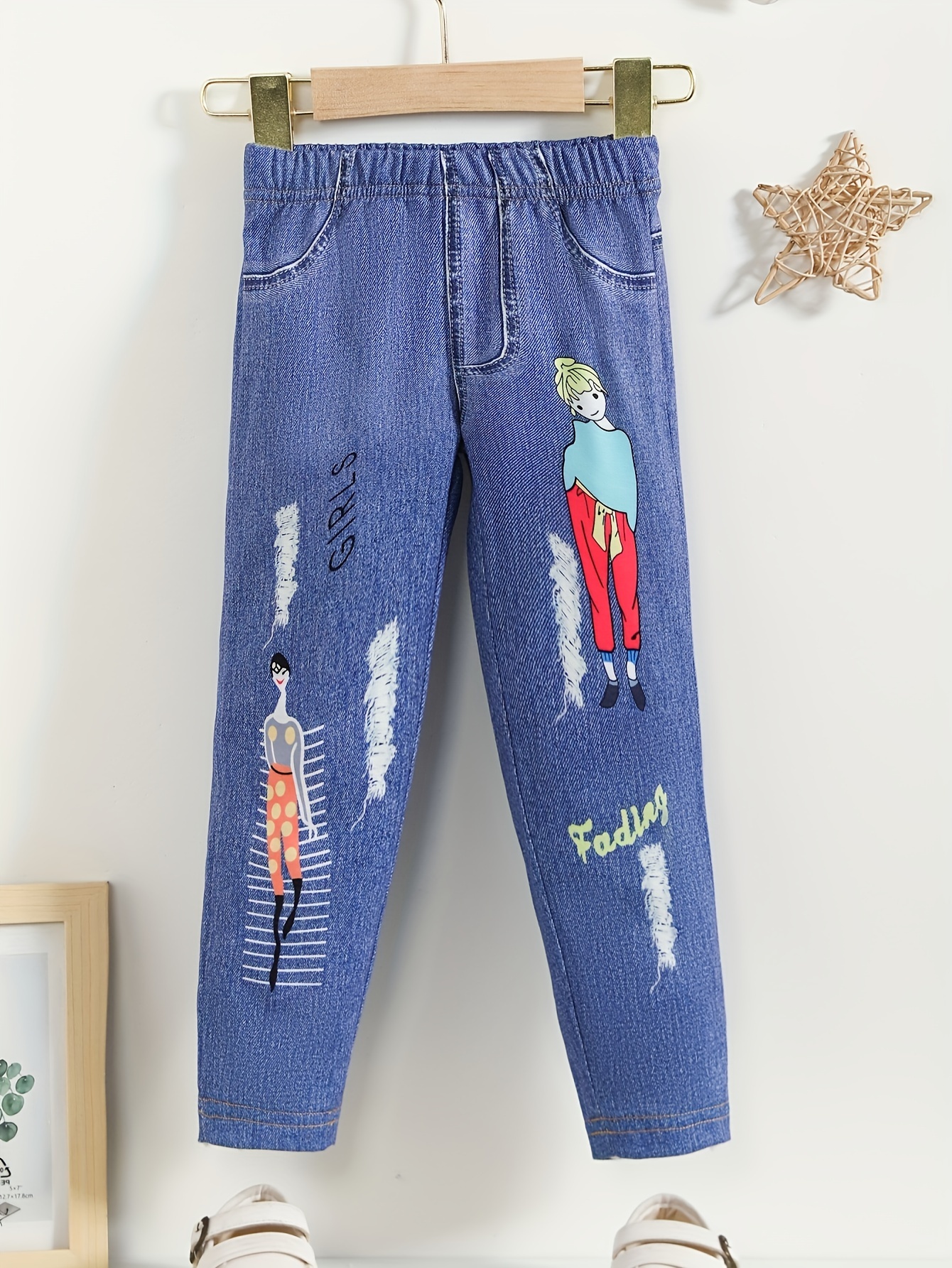 Little Girls Imitation Denim 3D Print Trousers With Graffiti Ripped Digital  Print, Stretch Casual Pants For Outwear