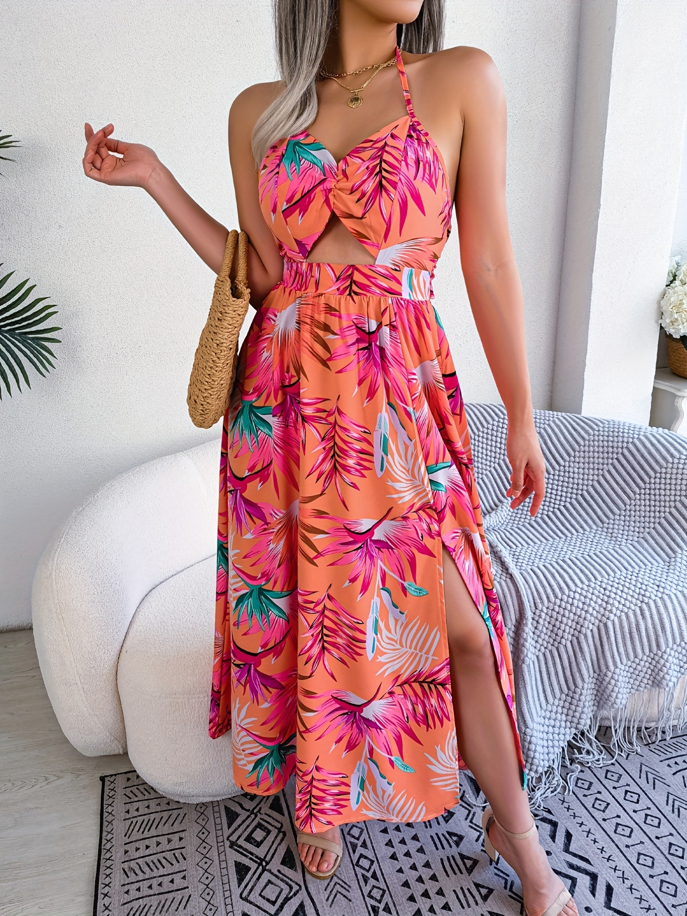 Tropical Print Halter Neck Dress Boho Backless Split Maxi - Temu