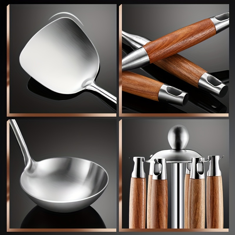304 Stainless Steel Cookware Set With Wooden Handles And Stand