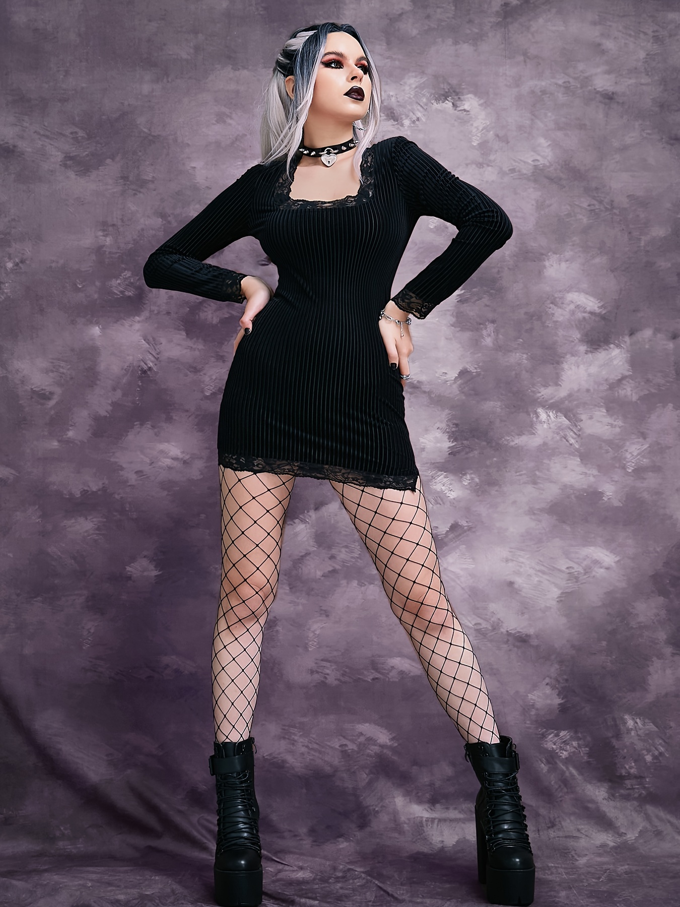 Solid Square Lace Neck Gothic Dress, Bodycon Long Sleeve Dress