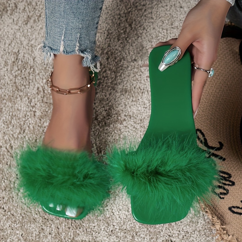 Women's Solid Color Slide Sandals, Casual Faux Fur Decor Flat