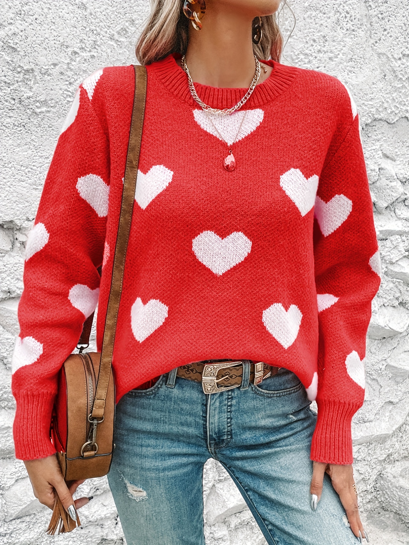 Heart Pattern Half Zip Sweater Casual Long Sleeve Drop - Temu