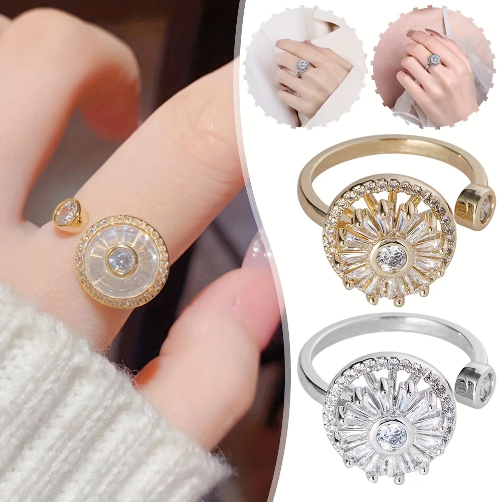 Anello Aperto con Girasole Intarsiato con Strass Fashion Anello Antistress  Anelli per Ansia Agitazione