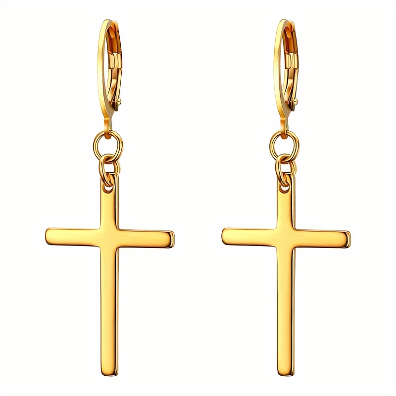 Boucles D'Oreilles Croix Longues VU100 - Acier Inoxydable - 7.8cm - Argent/Or - Cadeau Femme